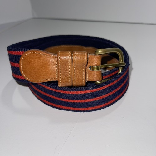 Cintura uomo Coach blu navy righe rosse lana pelle marrone fibbia ottone misura 42"