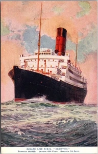 Postal vintage de la década de 1910 CUNARD STEAMSHIP LINE "R.M.S. CARINTIA" Vista de artista - Imagen 1 de 2
