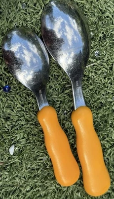Set of 2 Stainless Steel Spoons Orange Handles 5” & 6.5” Heavy Duty Utensils Foto 1 de 3