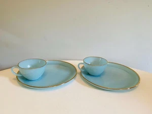 Vintage Delphite Blue Fire King Snack Sets, Set of 2 Plates & Cups With Gold Rim - Picture 1 of 10