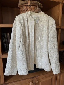 Linen Blazer Victor Costa Cream Floral Embroidered Blazer - Picture 1 of 12