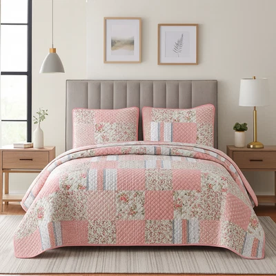 Reversible Cotton Blend Bedding Quilt Set with Embroidered Shams Elegant Floral - Image 1 of 4