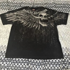 Y2K Harley Davidson AOP T Shirt Affliction Style Grunge Biker Goth Skull Size XL - Picture 1 of 10