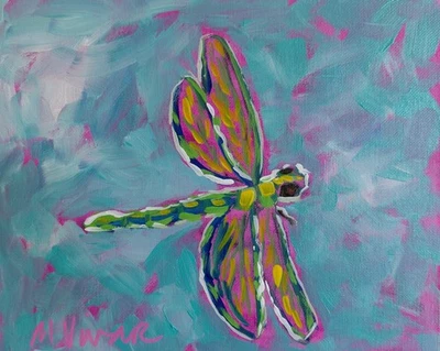 MONA VIVAR Original 8x10 Dragonfly Nature Impressionism Pop Art Painting - Image 1 of 4