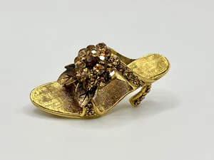 Spilla scarpa tacco alto strass vintage ~ tono oro con strass ambrati - Foto 1 di 10