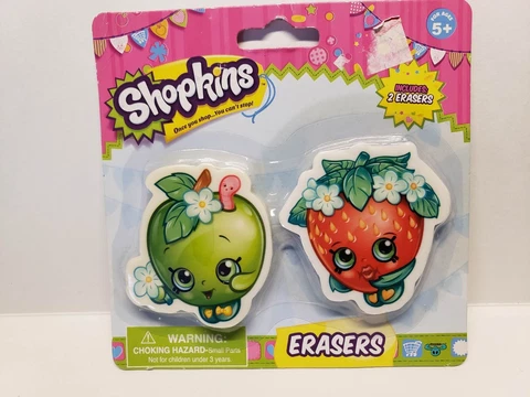 Retired  2013 ~ New in Package " Shopkins set of 2 Erasers ~ Kiss & Blossom Cover