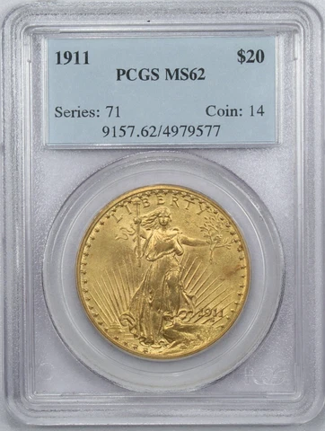 1911 Saint Gaudens $20 Gold Double Eagle, PCGS MS62, Uncirculated BU Cover