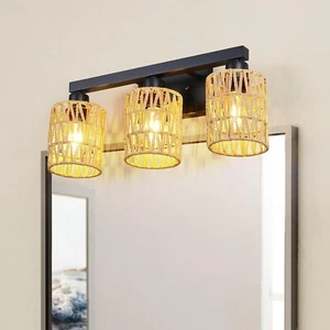 3-Light Bathroom Vanity Light Fixtures, Modern Rattan Bathroom Lighting Fixtures - Picture 1 of 18