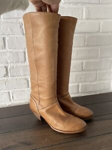 Vintage Frye  Brown Knee High Low Heel Women Lather Tan Boots Sz 7 M USA