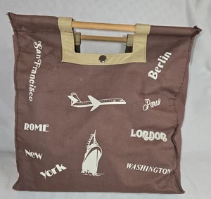 Vintage Knitting Crochet Tote Bag w/ Needle Hook Slot Brown Wood Handle 13" x 6" - Picture 1 of 18
