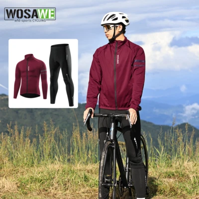WOSAWE Men Cycling Jacket Pants Sets Winter Full Zip Coat 3D Gel Padding Tights - Image 1 of 4