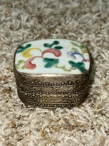 Old China Pottery Shard Vintage Trinket Snuff Box Silver Plate - Picture 1 of 9