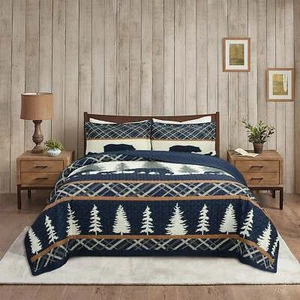 3 Pcs Cabin Lodge Rustic Country Bear Quilt Bedspread Set for Winter ME504 - Picture 1 of 21