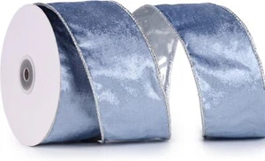 Dusty Blue Velvet Ribbon Wired 2.5" x 10 Yards Blue Christmas Ribbon with Sil... - Picture 1 of 1