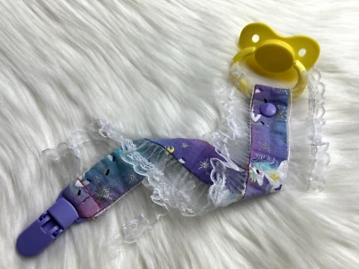 Lace Unicorn Fabric Pacifier Clip - ABDL Pacifier Holder - Image 1 of 3