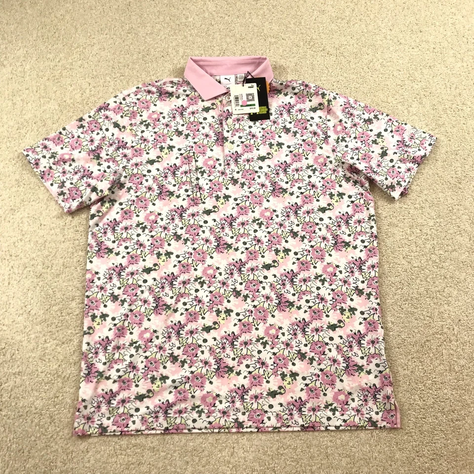 PUMA ARNOLD PALMER Mens L LARGE POLO SHIRT FLORAL WHITE GLOW PALE PINK GOLF