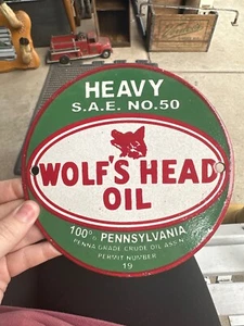 Round 6" Porcelain Wolfs Head Oil Sign - Picture 1 of 6