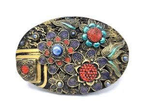 Bemalte große Damen-Bolokrawatte oder Gürtelschnalle im Repousse-Look Acryl Blumen L@@k - Bild 1 von 15