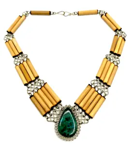 Vintage Bamboo Green Stone Pendant Bib Necklace - Picture 1 of 12