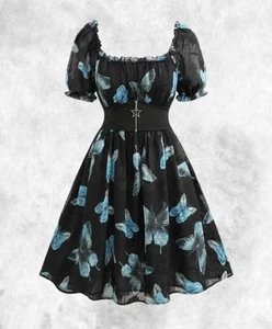 Neu schwarz blau Schmetterling Gothic Unterbrust Gürtel Reißverschluss kurzes Kleid Gr. 3XL 22 24 - Bild 1 von 6