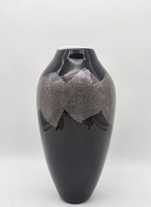 Sigwarth Art Glass Studio Silver Leaf Black Vase Large Hand Blown Signed Glossy - Picture 1 of 13