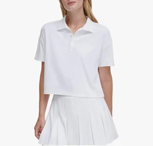 DKNY Women's Tech Pique Cropped Polo in White XL New. - Picture 1 of 13