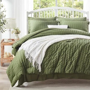 Olive Green 7-Piece Seersucker Comforter Set Bed in a Bag All Season Bedding - Picture 1 of 7