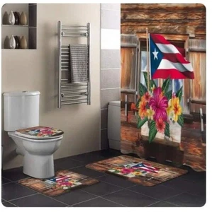 Puerto Rico Flag Shower Curtain Bathroom Rug Non-Slip Bath Mat Toilet Lid Cover - Picture 1 of 4
