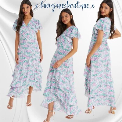 QUIZ Talla 16 Rosa y Azul Estampado Manchas Volantes Maxi Vestido Hermoso Vestido Foto 1 de 4