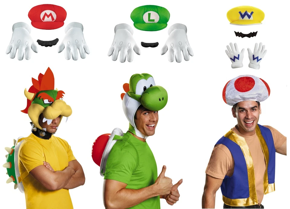 Kit de accesorios de disfraz para adultos Super Mario/Wario/Luigi/Bowser/Yoshi/Sapoad Foto 1 de 1