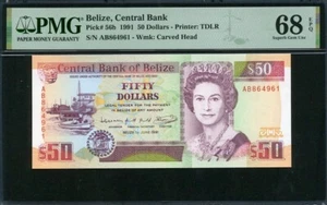 Belize 1991 50 Dollars P56b PMG 68 EPQ Superb GEM UNC - Picture 1 of 2