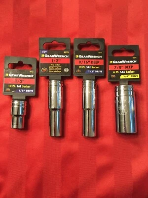 Lot of 4 GearWrench Sockets 12 pt 6 pt SAE DEEP 1/2 9/16 7/8  NEW 1/2 3/8 Drive - Image 1 of 4