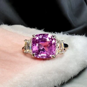 14K White Gold Lab Grown Cushion Cut Purple Pink Sapphire Diamond Ring 6.00 Ct - Picture 1 of 12