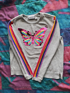 Girls Reversible Sequin Butterfly Rainbow Stripes Sweater Pullover Size 10/12