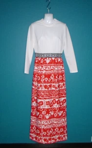 Vtg 70s Poly Maxi Dress Red White MOD Floral Print Sz M/L - Picture 1 of 9