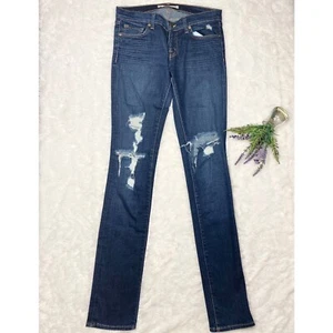 J Brand Super Low Rise Pencil Leg Jeans Dark Wash Ripped Distressed Sz 27 LONG - Picture 1 of 6