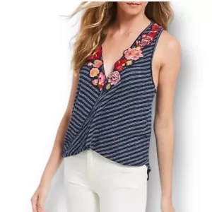 Free People XS blau bestickt Faux Wickel Tank Top gestreift Boho Festival Bluse - Bild 1 von 11