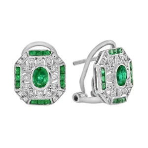 18K White Gold Emerald and Diamond Art Deco Style Omega Earrings - Picture 1 of 9