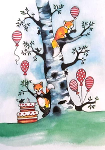 Cartolina Arte Betulla Volpe Palloncini Torta Compleanno Festa Animali - Foto 1 di 1