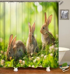 Cute Rabbit Fabric Shower Curtain Decorative Grass Design Hooks 72Wx72H - Picture 1 of 6