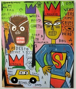 Jean-Michel Basquiat (Handmade) Oil On Canvas Signed & Stamped Painting,Vtg Art - Picture 1 of 4