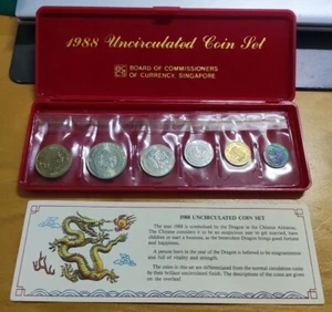Singapore 1988 Official Wallet UNC Coin Set - Zodiac Dragon $1 50c 20c 10c 5c 1c - Picture 1 of 22