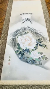 VTG HANGING SCROLL JAPANESE SILK PAINTING SNOW PEONY - Picture 1 of 12