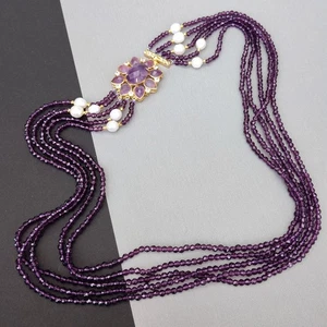 Multi Strands Purple Crystal White Pearl  Necklace Amethyst Clasp Jewelry Gift - Picture 1 of 6