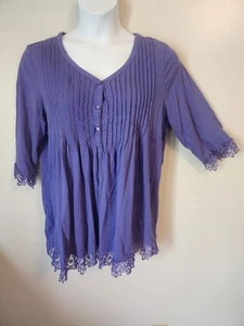 Woman Within Blouse Tunic Top Purple Pintuck Lace Cotton Size L 18 20 - Picture 1 of 6