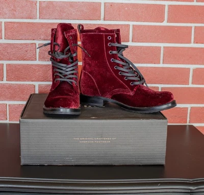 NUEVAS Botas de Cuero de Combate Frye Veronica en Vino Talla 9M EE. UU. Para Mujer - Terciopelo Rojo Foto 1 de 4
