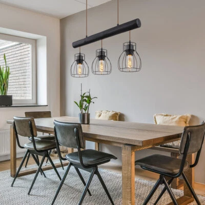 Pendelleuchte Holzleuchte Hängelampe 3 flammig schwarz Vintage E27 H 140 cm - Bild 1 von 4