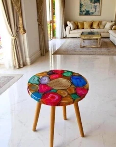 Mixed Agate Stone Coffee Table – Natural Gemstone Top, Luxury Crystal Accent art - Picture 1 of 8