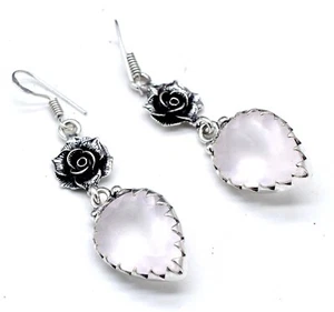 Rose Quartz Gemstone 925 Sterling Silver Handmade Jewelry Earrings Size-1.50 - Picture 1 of 6