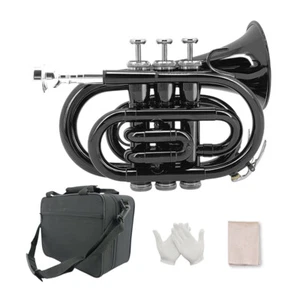 Brass Pocket Trumpet Bb Key Nickel Plated with Mouthpiece 7C, Cleaning Kit Black - Picture 1 of 6